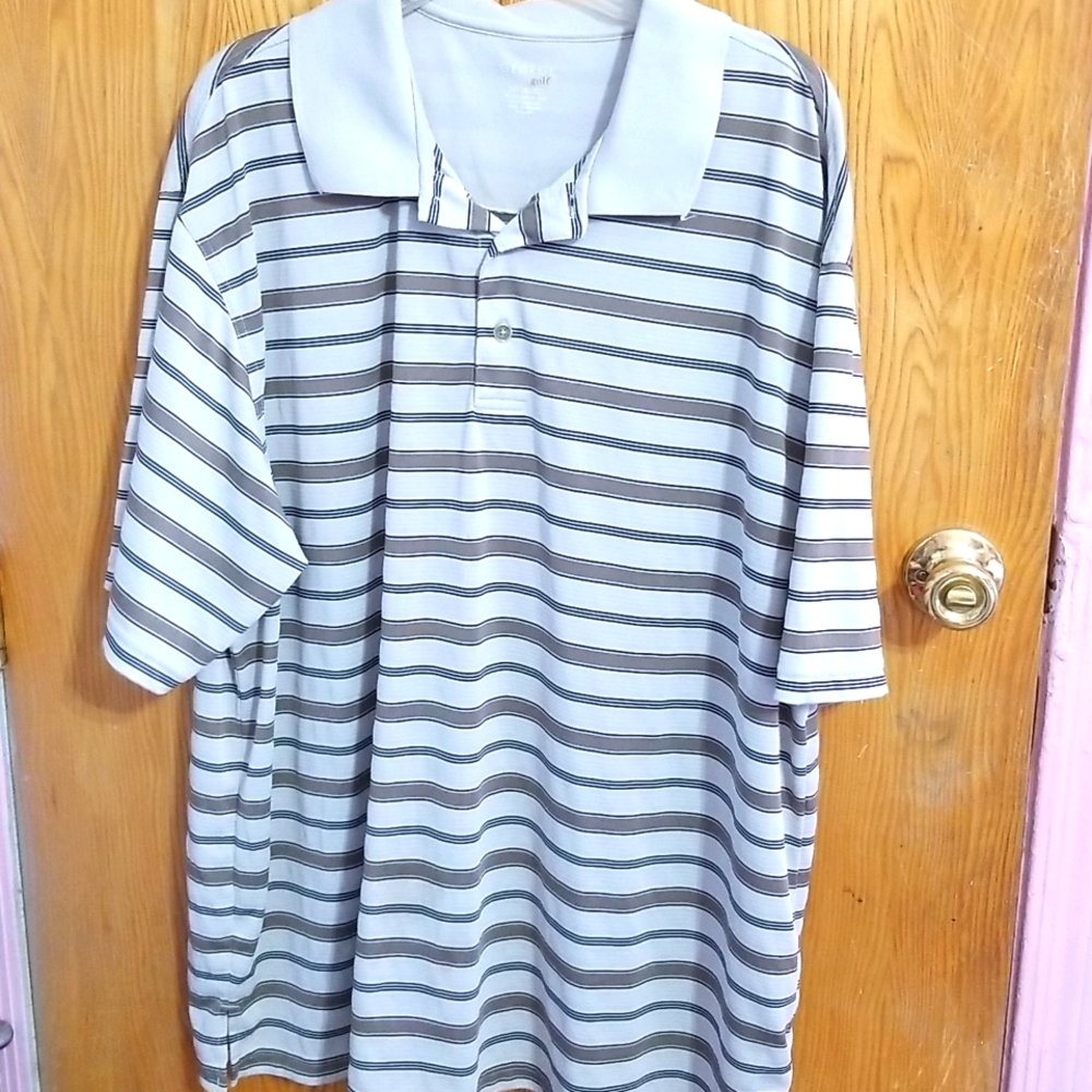 2XL poly beige and black striped polo shirt with collar